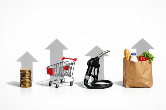 Stacks of coins, a shopping cart, a fuel pump nozzle, and a grocery bag with upward arrows representing rising costs and inflation.
