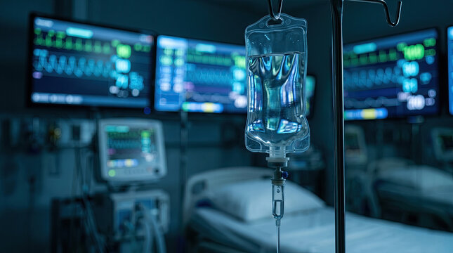 Serious iv bag in hospital icu with medical monitor