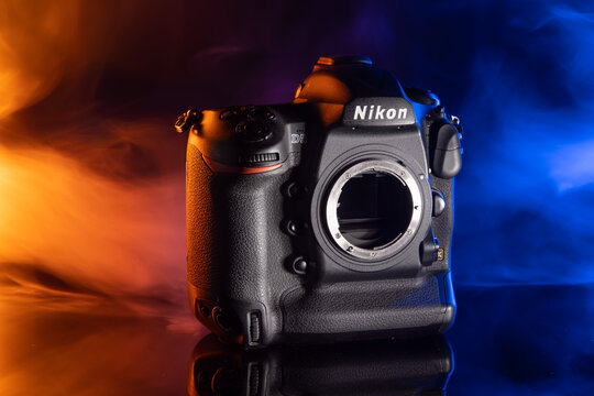 Milan, Italy - April 29, 2026: close up on Nikon flagship camera on black background.
