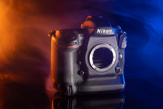 Milan, Italy - April 29, 2026: close up on Nikon flagship camera on black background.