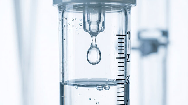 Medical saline drip, close up liquid drop, hope