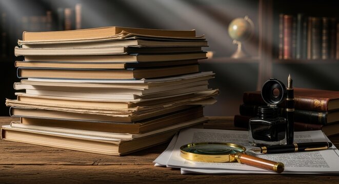 A towering stack of antique books and research papers with a magnifying glass on a wooden desk