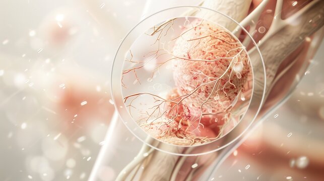 Advanced biomedical infographic combining full limb view with magnified circular inset of necrotizing fasciitis tissue damage, smooth transition between macro and micro scale