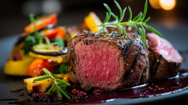 Beef steak sliced steak medium rare grilled beef roasted meat rosemary herb gourmet food dinner plate dark sauce fine dining