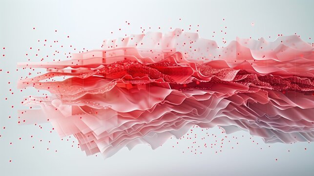 Necrotizing Fasciitis: 3D exploded view of human tissue layers floating in space, evenly spaced epidermis, dermis, fat and fascia, subtle infection zone highlighted with soft translucent red glow