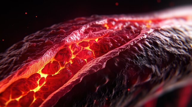 Necrotizing Fasciitis: 3D anatomical cross-section of human thigh showing necrotizing fasciitis infection spread through tissue layers, skin, subcutaneous fat, fascia and muscle clearly visible