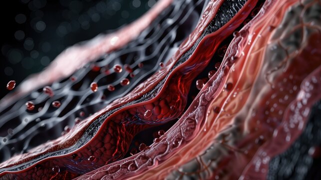 Necrotizing Fasciitis: medical illustration of necrotizing fasciitis spreading through soft tissue layers, cross-section view showing skin, fat, fascia, and muscle