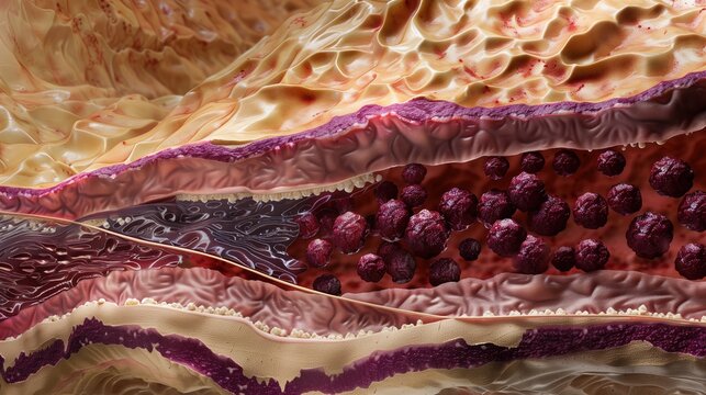 Necrotizing Fasciitis: scientific illustration of necrotizing fasciitis spreading through human soft tissue, detailed cross-section showing epidermis,dermis, subcutaneous fat, fascia and muscle layers