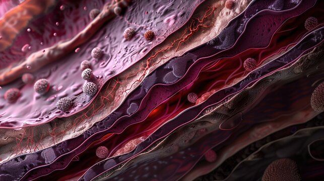 Necrotizing Fasciitis: scientific illustration of necrotizing fasciitis spreading through human soft tissue, detailed cross-section showing epidermis,dermis, subcutaneous fat, fascia and muscle layers