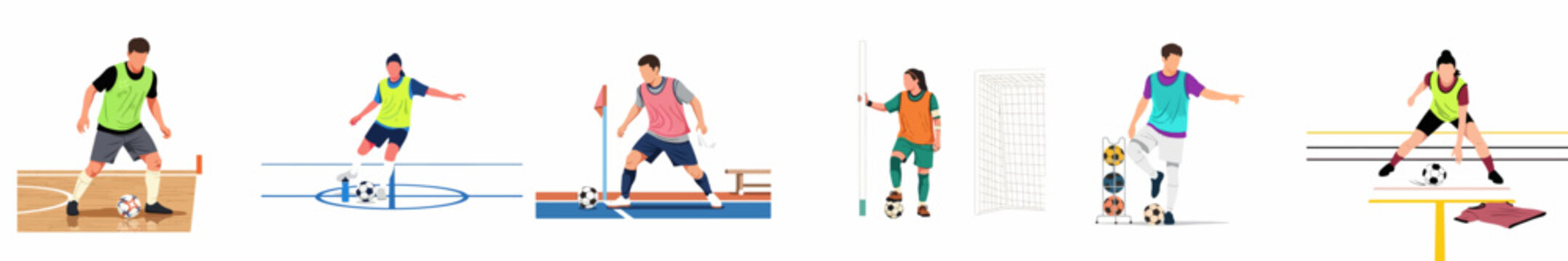 Collection of flat illustrations showing men and women playing futsal and indoor soccer during training sessions on white background.