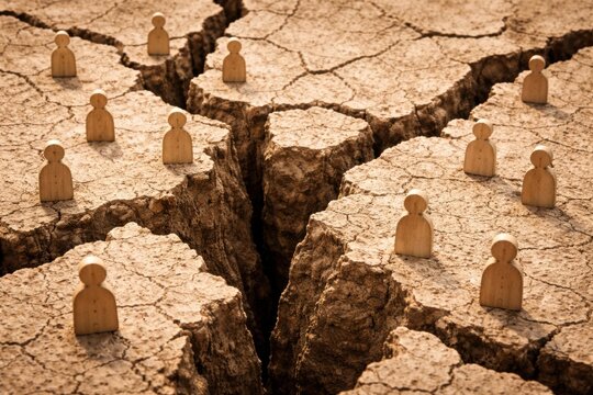 Wooden human figures stand on cracked, dry earth, separated by deep fissures symbolizing division, isolation, or social fragmentation.