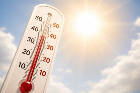 A thermometer shows a high temperature with a bright sun shining in the cloudy sky, indicating hot weather or heatwave conditions.
