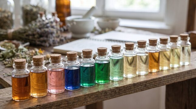 Collection of colorful herbal extracts and tinctures in small glass bottles with corks.