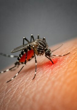 Close-up of an Aedes mosquito with a blood-filled abdomen biting human skin, showing a red swollen mark.