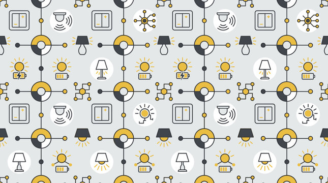 Intelligent lighting icons and smart sensor symbols arranged in a sophisticated seamless repeating pattern for interior design
