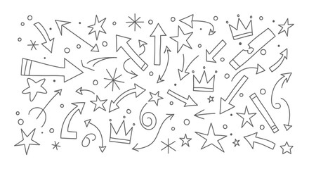Fototapeta premium Abstract Hand Drawn Doodle Arrows, Stars, and Crowns Pattern on Isolated White Background