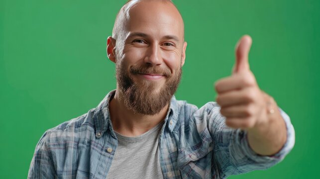 Approbation and Assurance: A man with a serene countenance, expressing affirmation with a thumbs-up gesture, symbolizes approval and satisfaction, with an optimistic approach.