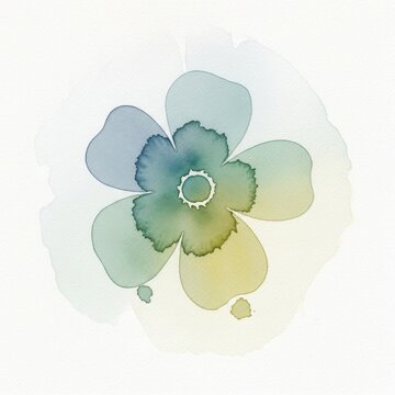 Watercolor of a five-petaled flower in blue, green, and yellow gradients