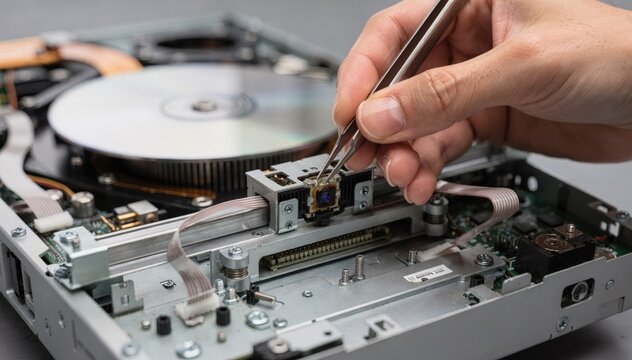 Focused view of hands replacing the optical pickup unit in a multidisc CD changer highlighting precision work with the devices interior out of focus.