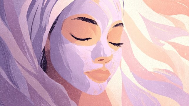 Soft lavender face mask soothes her closed eyes. She rests peacefully, wrapped in gentle, flowing wraps. Pastel hues swirl around her serene expression. Ideal for spa, wellness, or self-care content