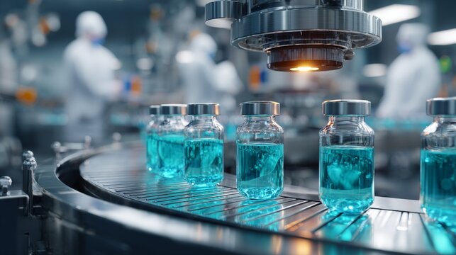 Workers in white coats monitor production lines. Blue liquid fills vials on automated conveyor belts. Metallic machinery hums steadily overhead