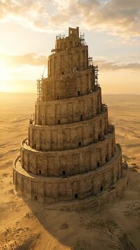 Biblical edifice aspiration: Babel tower build, desert realm project, humanity proud, sky reach attempt, divine tongue divide, ancient history myth.