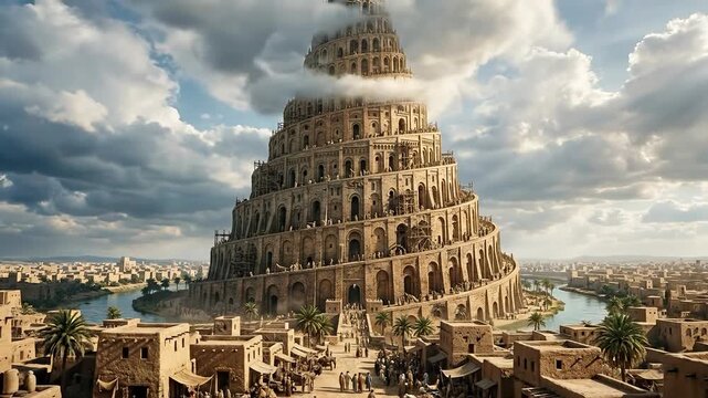 Historical structure ambition: Babel Tower, ancient monument, grand construction, divine challenge, human endeavor, cloudy peak, biblical account, mythic legend.