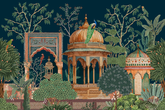 Mughal garden illustration with temple, arch, palace, peacock, tree pattern for wedding wallpaper