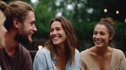 Obraz premium Joyful Gathering: A group of friends sharing smiles and laughter during an outdoor meetup, fostering genuine connections and a sense of belonging.