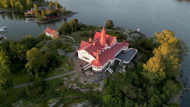 Luoto Island Helsinki Seaside View Finland with Saaristo Summer Restaurant. Scenic view of Luoto Island located along the southern waterfront of Helsinki, Finland