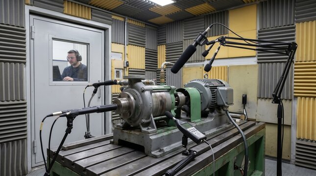 Medium shot of factory test stand in noise booth focusing on machines running with acoustic isolation for precise sound measurement during performance testing.