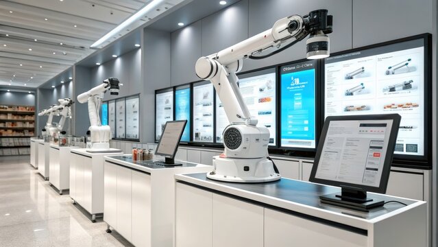 Modern robotic arms displayed in a sleek showroom with digital screens and computers highlighting automation technology.