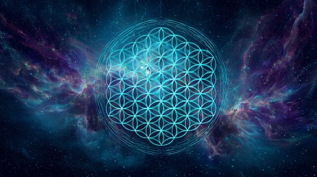 Celestial geometry floats amid swirling nebulae. Blue light pulses in cosmic symmetry. Stars dot the deep, dreamy void. Perfect circles glow against cosmic mist. Ideal for spiritual, meditation