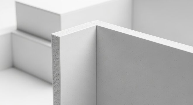 Close-up of a white plasterboard corner showing its layered texture and precise edges, ideal for construction and design concepts.