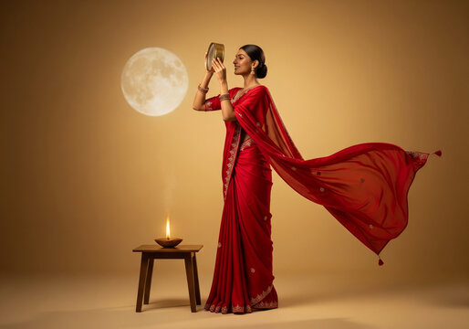 Smiling Indian woman in red saree performing Karwa Chauth ritual, observing the moon through a sieve with a lit diya.