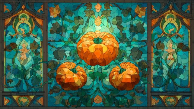 Stained glass shows three pumpkins in warm orange hues. Green leaves surround them with intricate floral patterns. Symmetrical design frames the center with ornate arches