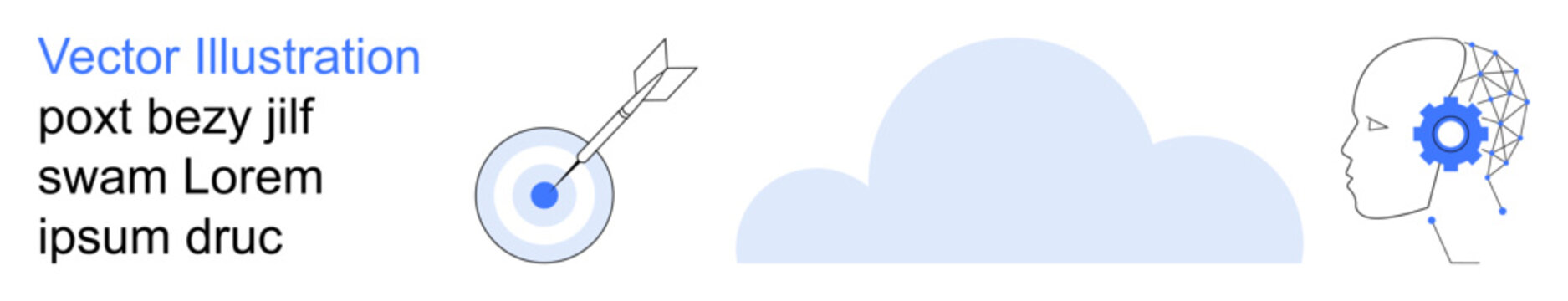 Artificial intelligence, cognitive thinking, cloud computing, data processing, goal targeting, digital innovation. Graphic of a cloud, target with arrow and human head with gears. AI and cognitive