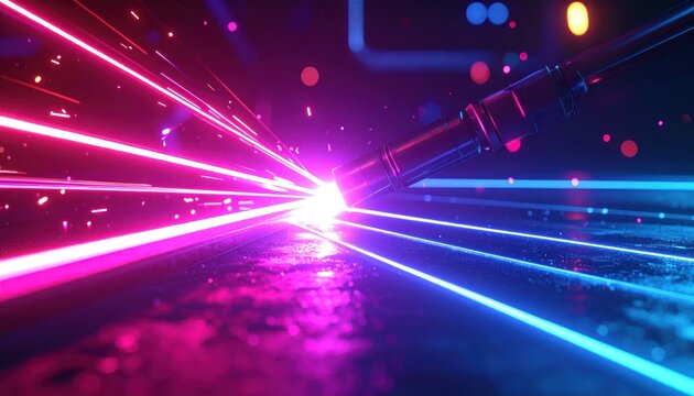Futuristic Neon Laser Light Tunnel with Reflective Ground.