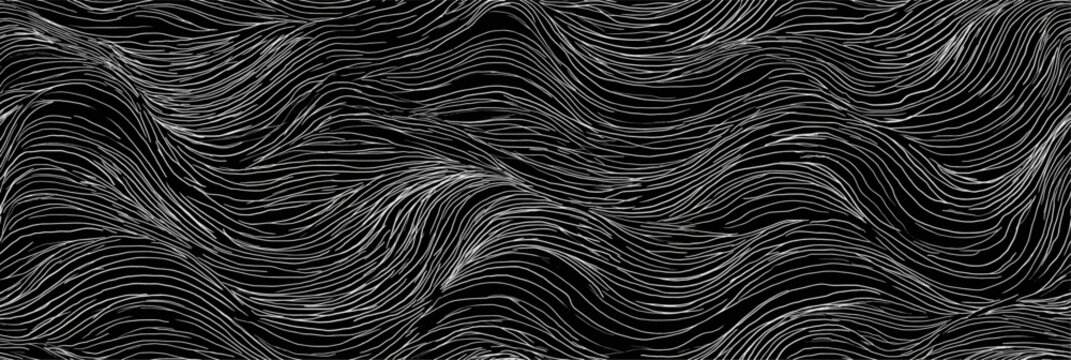 Abstract monoline wavy gray lines creating a seamless organic pattern on black background. Abstract monoline wavy gray lines pattern background