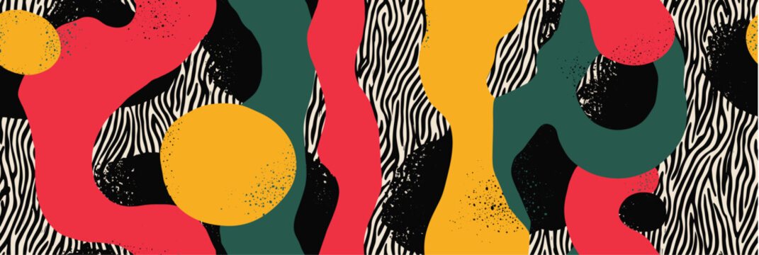 Organic shapes creating a modern seamless pattern with bold colors and varied textures. Abstract organic shapes pattern with distressed texture