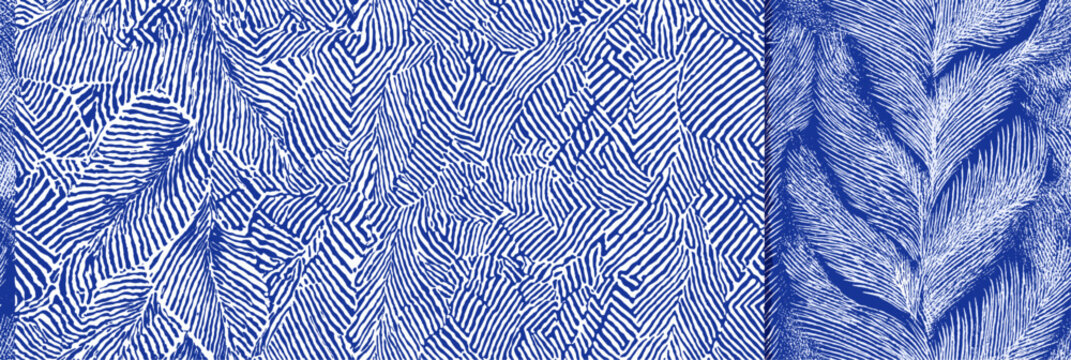 Repeating blue palm leaves with white lines creating a seamless organic pattern. Abstract palm leaf pattern drawing inspired by Suri art