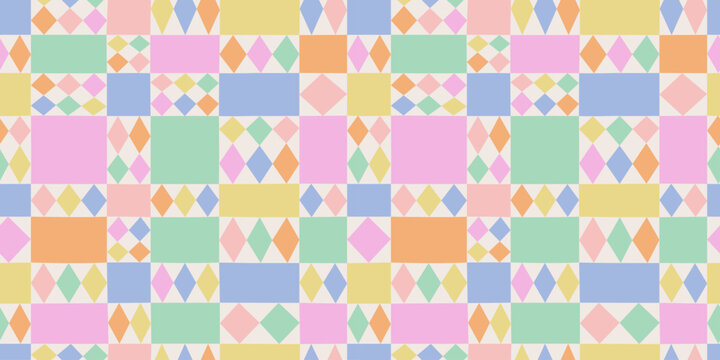 Colorful geometric mosaic seamless pattern. Vintage rhombus patchwork background illustration. Creative diamond shape wallpaper print.