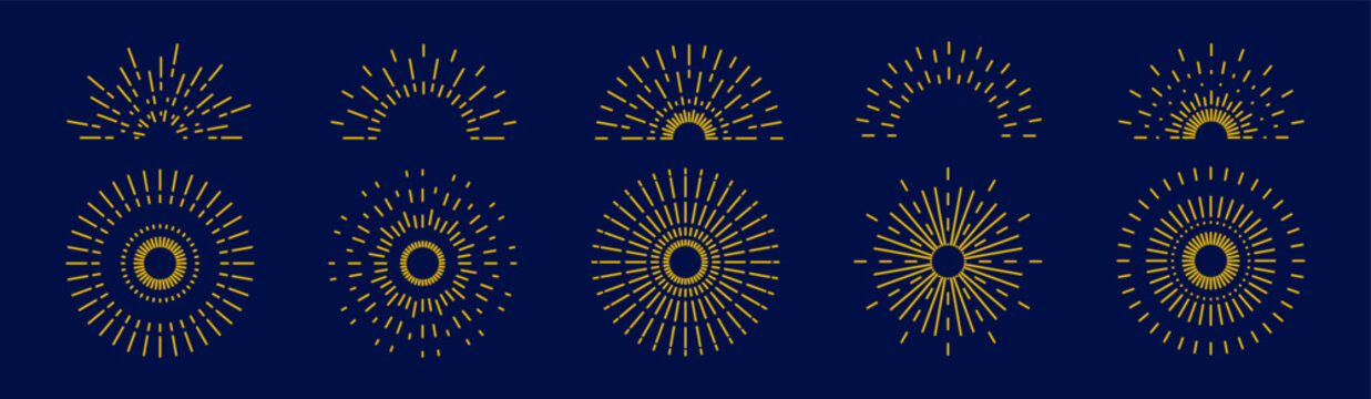 Set of boho sunrise and half sun rays line icons with various retro, geometric, and radiating line designs