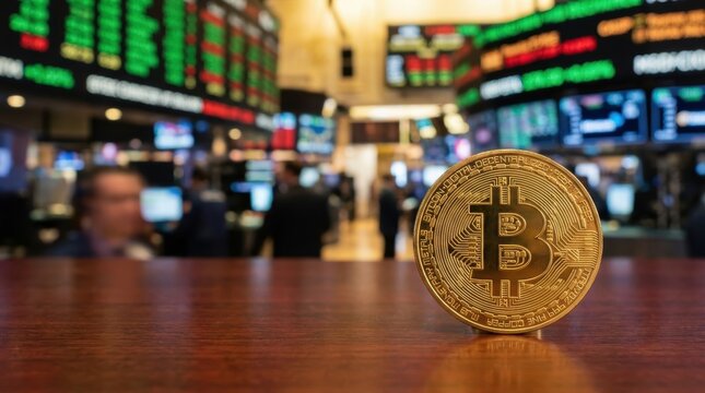 Golden Bitcoin coin rests on a wooden table with blurred stock market tickers in the background