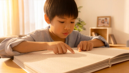 Naklejka premium A young boy focuses intently while reading a Braille book at home. Bathed in warm morning light, this scene beautifully illustrates the journey of learning and the power of accessible education.