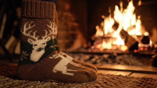 Person wearing cozy winter socks relaxing by a warm fireplace.