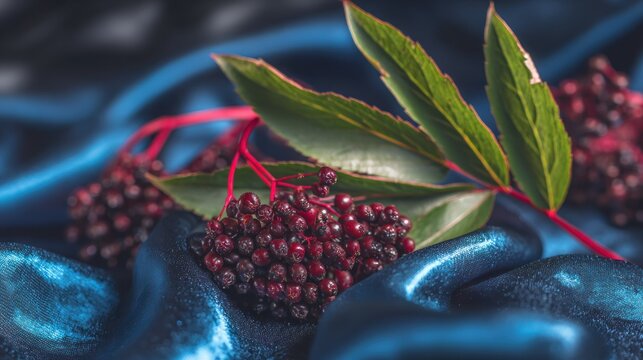 Close up of elderberries with green leaves on a blue satin cloth