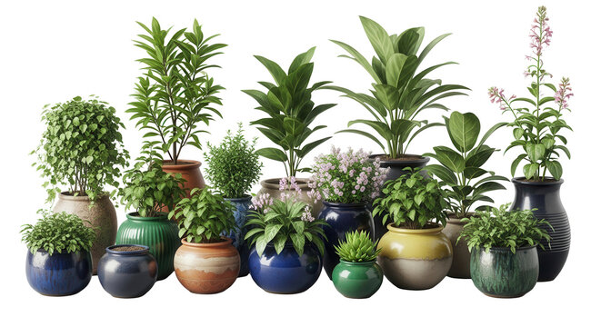 Collection of beautiful plants in ceramic pots isolated on transparent background. 3D rendering.