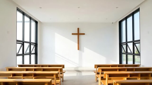 Interior of a modern minimalist chapel with a wooden cross on a white wall and rows of pews, bright sunlight through large windows for worship and spiritual peace
