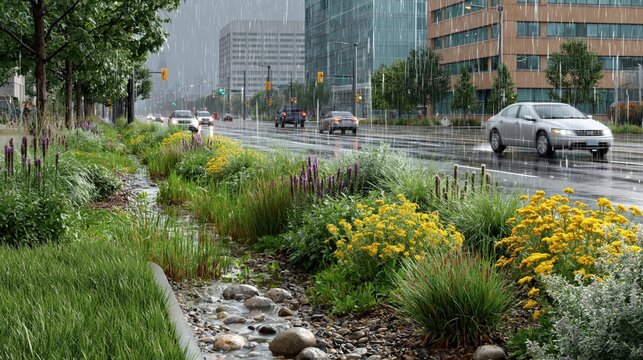 Urban boulevard with bioswale and wetland plants during a rainy day